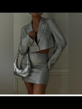 Turquoise Glitter Corset, Cropped Blazer & Mini Skirt Set